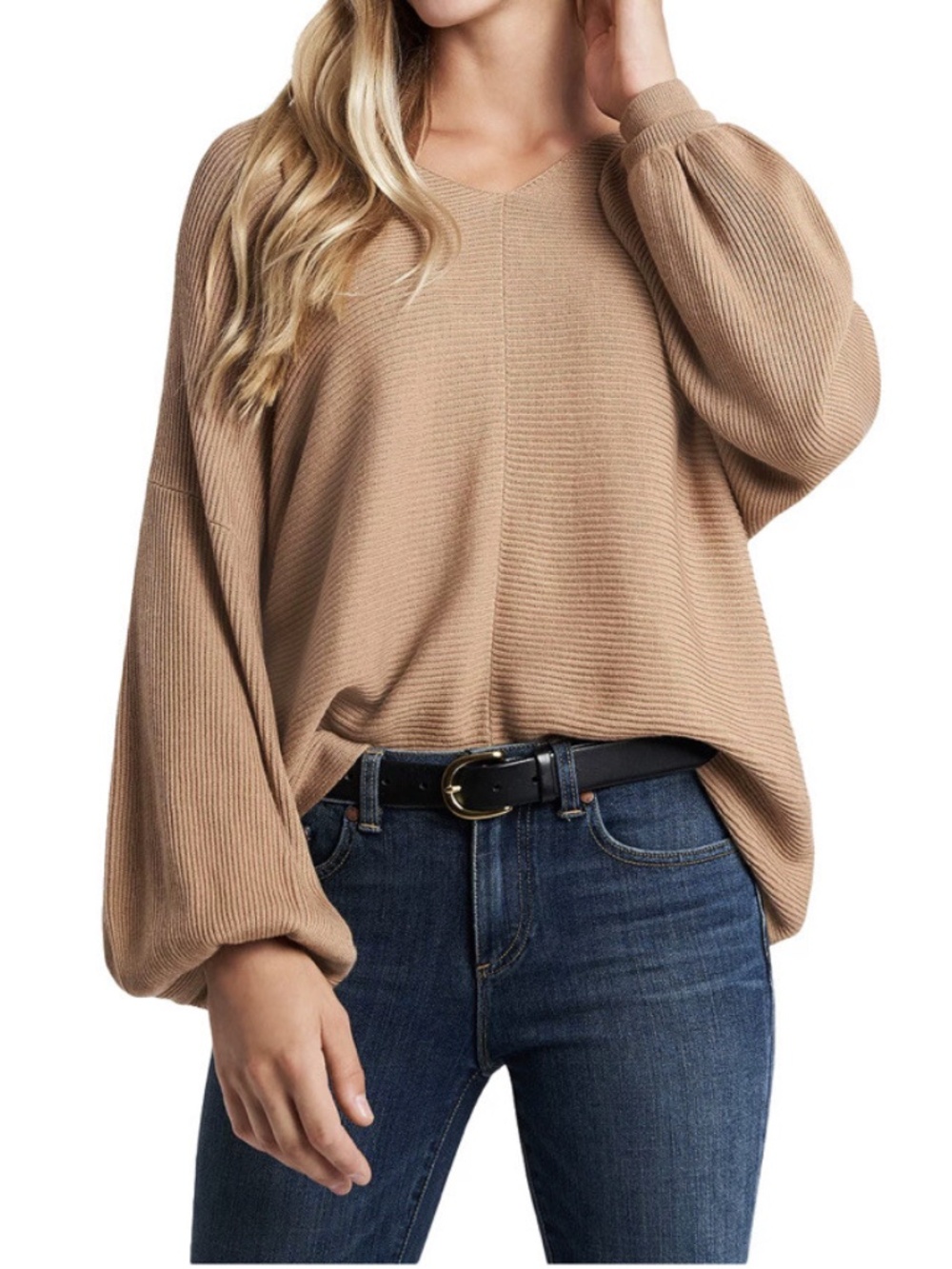 1. State Ribbed Balloon Bubble Sleeve V Neck Sweater Wild Oak Sz Small